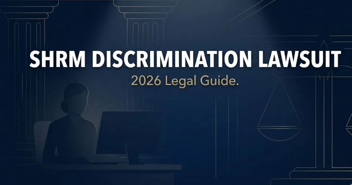 SHRM discrimination lawsuit 2026 legal guide banner with courthouse scales and navy gold design
