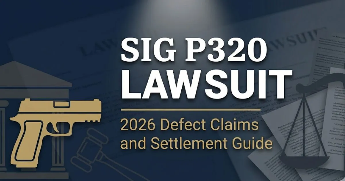 SIG P320 lawsuit 2026 guide showing defect claims and settlement information with legal banner design