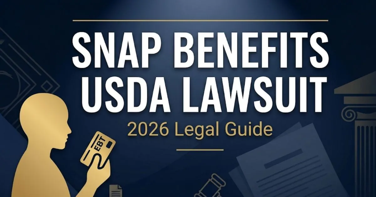 SNAP benefits USDA lawsuit 2026 legal guide banner with EBT card silhouette and courthouse imagery