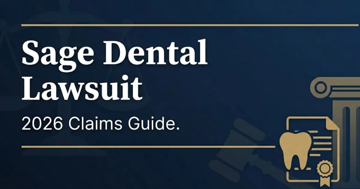 Sage dental lawsuit 2026 claims guide banner with legal symbols and dental imagery