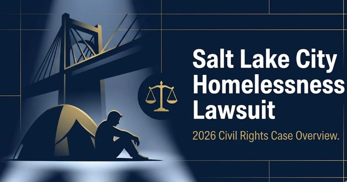 Salt Lake City homelessness lawsuit 2026 banner showing silhouette figure, legal scales, and bold case title text on navy background