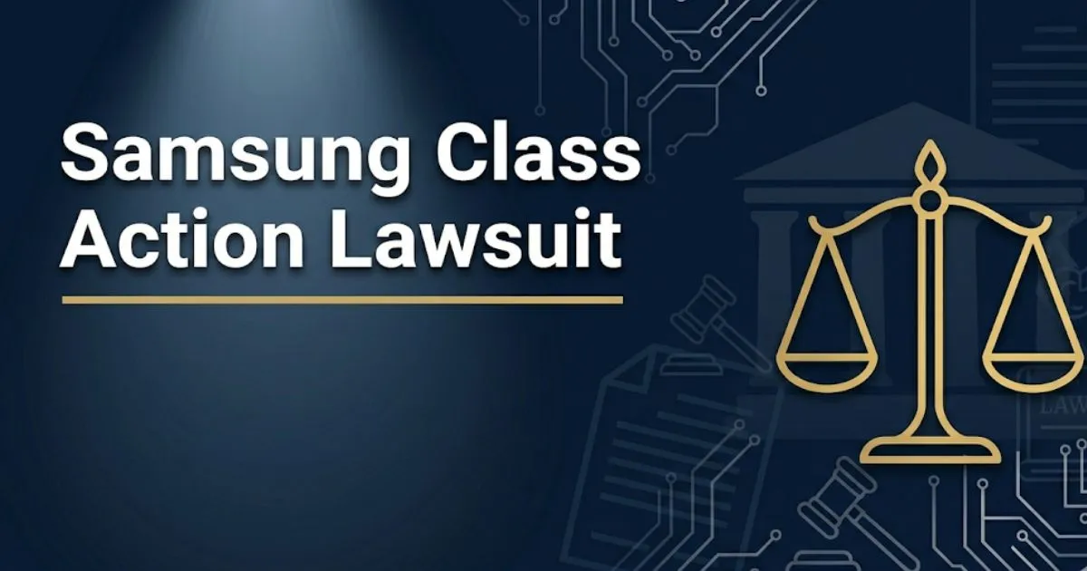 Samsung class action lawsuit 2026 guide banner with legal scales and deep navy editorial design