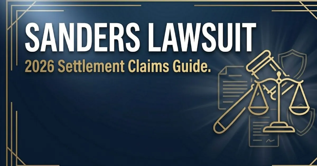 Sanders lawsuit 2026 settlement guide banner with legal scales and gavel icons on deep navy background