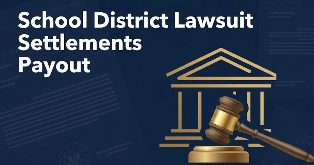 School district lawsuit settlements payout guide 2026 with courthouse silhouette and gavel on navy background