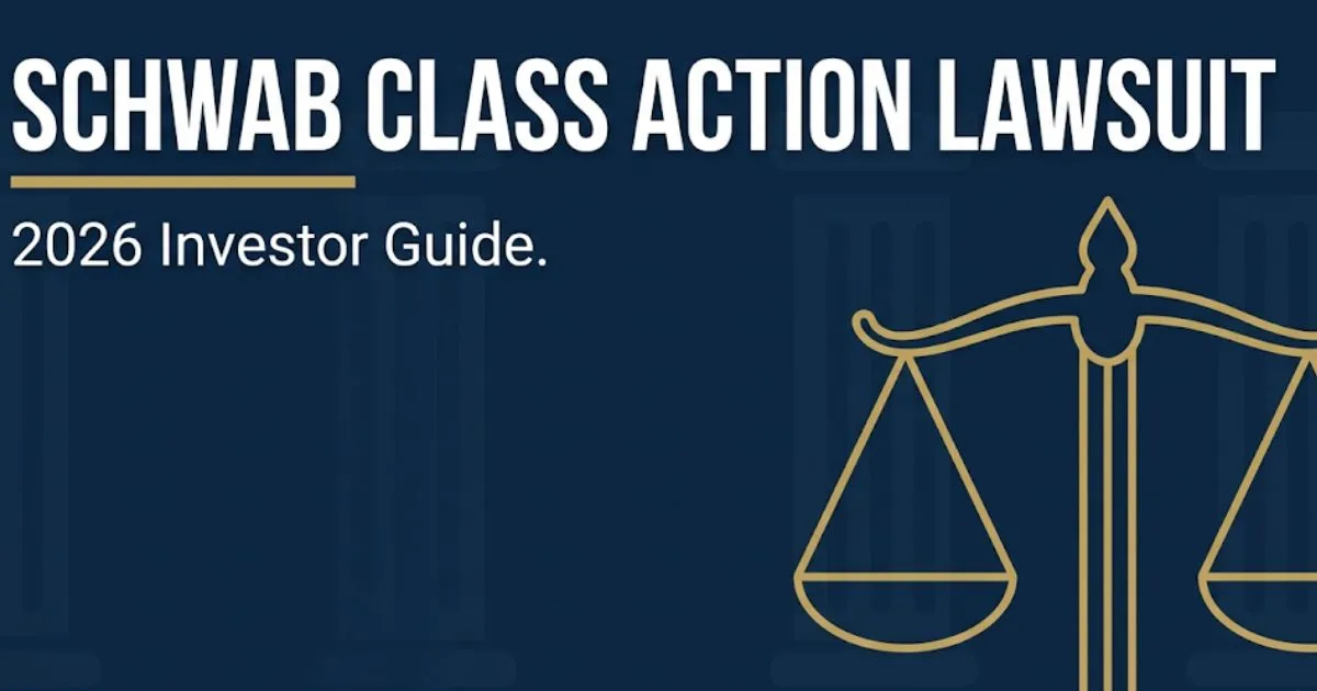 Schwab class action lawsuit 2026 investor guide banner with gold scales of justice on navy background