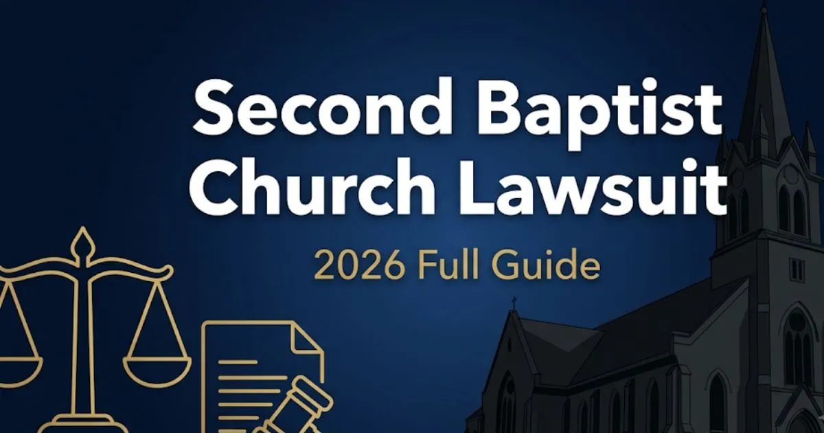 Second Baptist Church Lawsuit 2026 guide banner showing legal scales and church silhouette on navy background