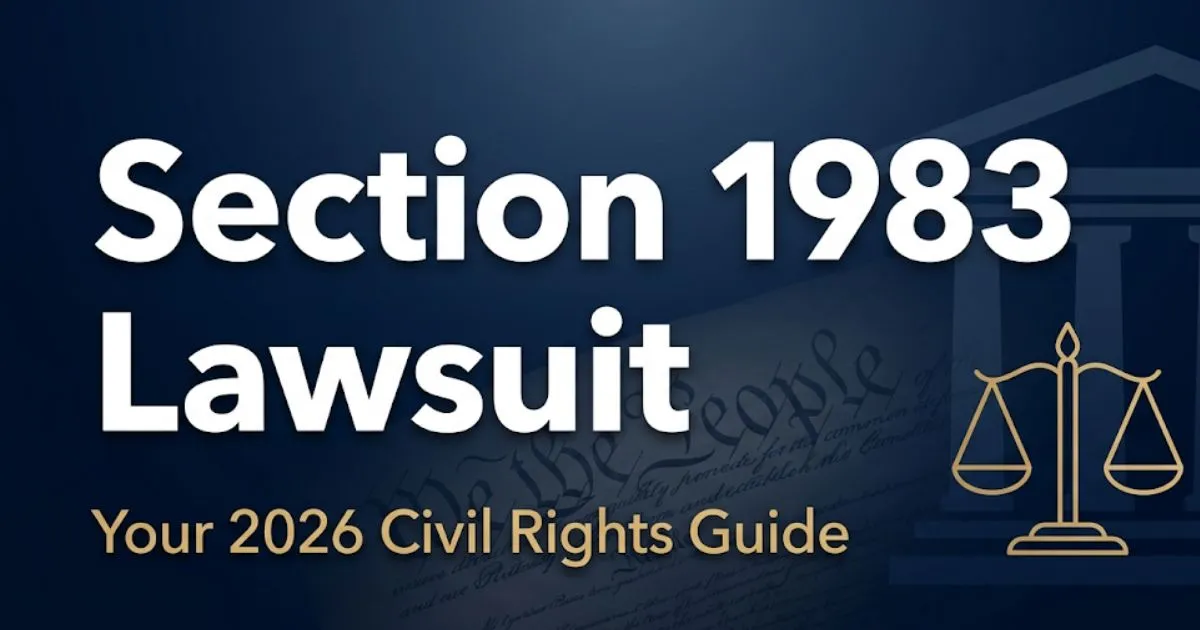 Section 1983 lawsuit guide banner with courthouse silhouette, scales of justice, and bold legal headline in navy and gold