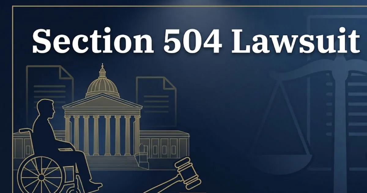 Section 504 lawsuit guide with courthouse silhouette and legal symbols in navy and gold design