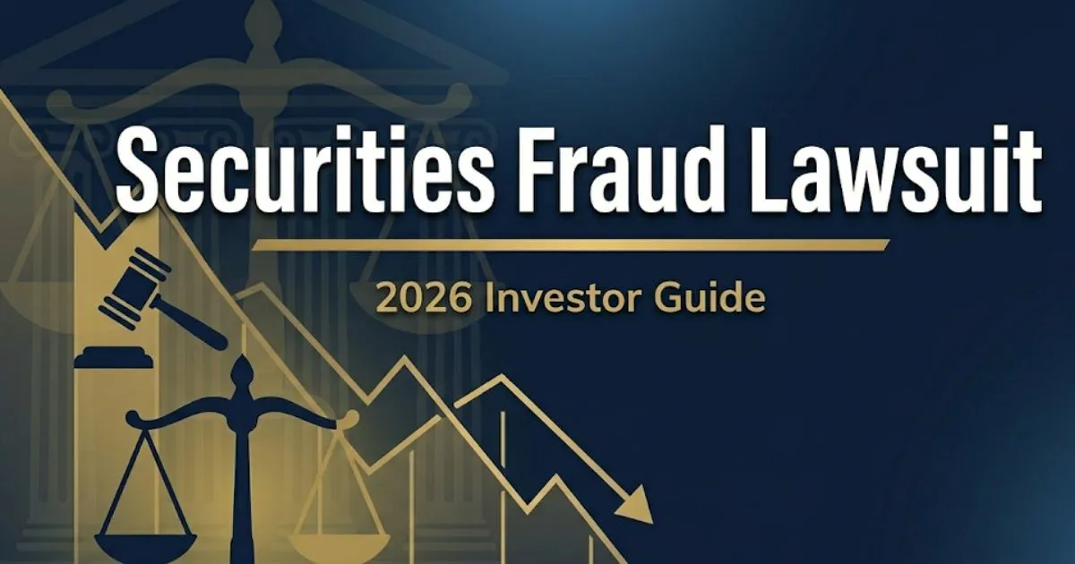 Securities fraud lawsuit 2026 investor guide banner with scales of justice and declining stock chart on navy background