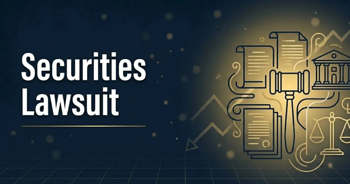 Securities lawsuit 2026 guide banner with legal scale and stock market symbols on deep navy background