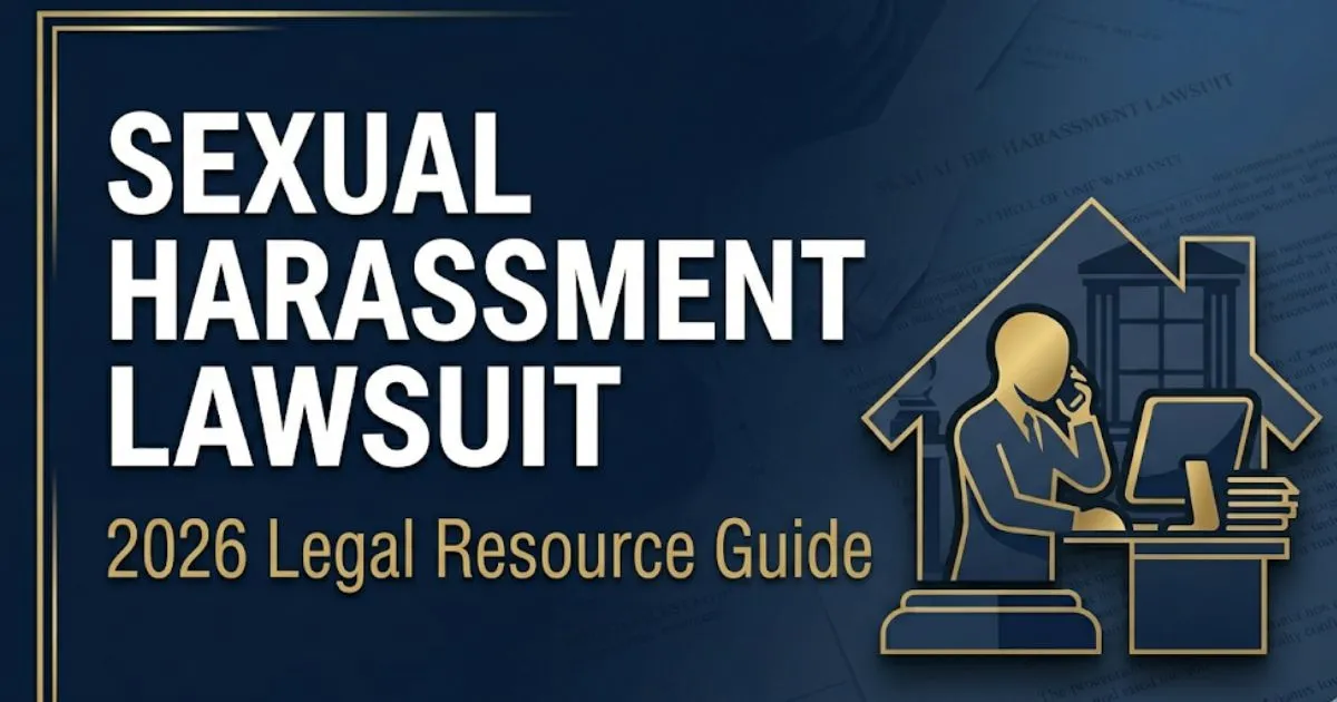 Sexual harassment lawsuit 2026 guide banner showing bold headline text and legal silhouette on navy background