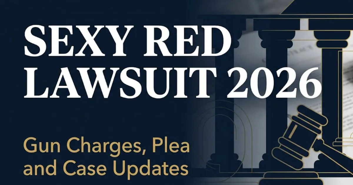Sexy Red lawsuit 2026 editorial banner with gun charge and federal case update headline text on navy background