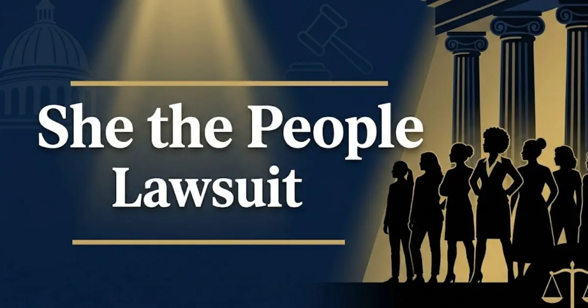 She the People Lawsuit 2026 legal case guide banner with courthouse silhouettes and civil rights imagery