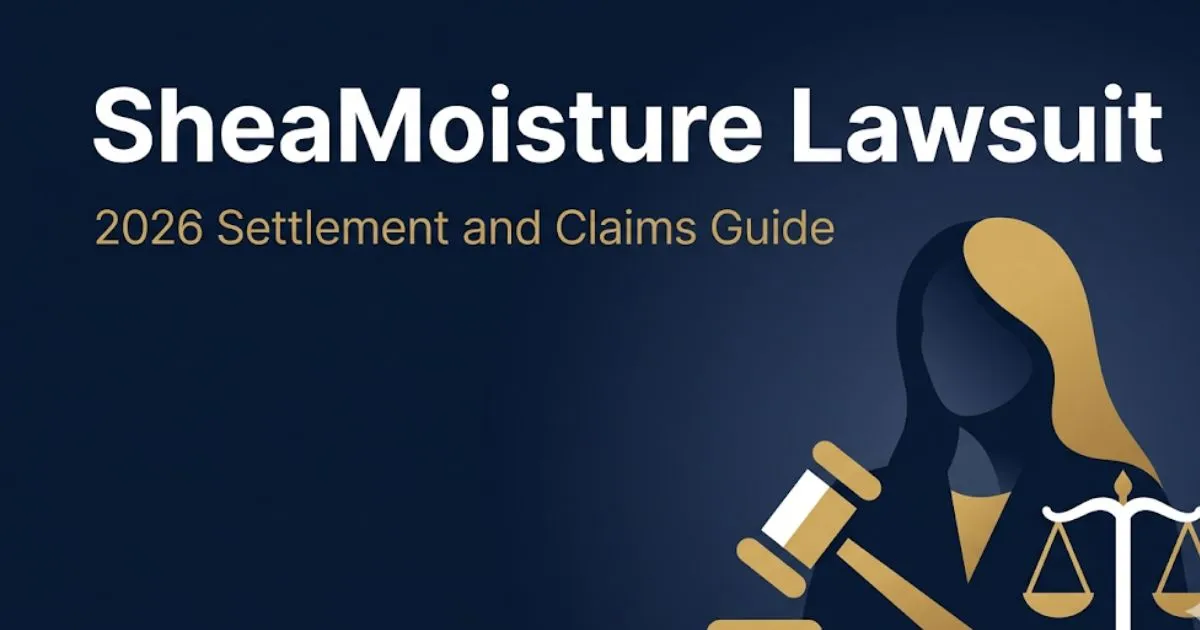 SheaMoisture lawsuit 2026 settlement guide banner with legal symbols on navy and gold background