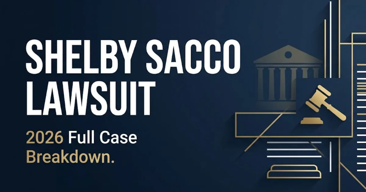 Shelby Sacco lawsuit 2026 full case breakdown banner with courthouse silhouette and legal symbols on navy background