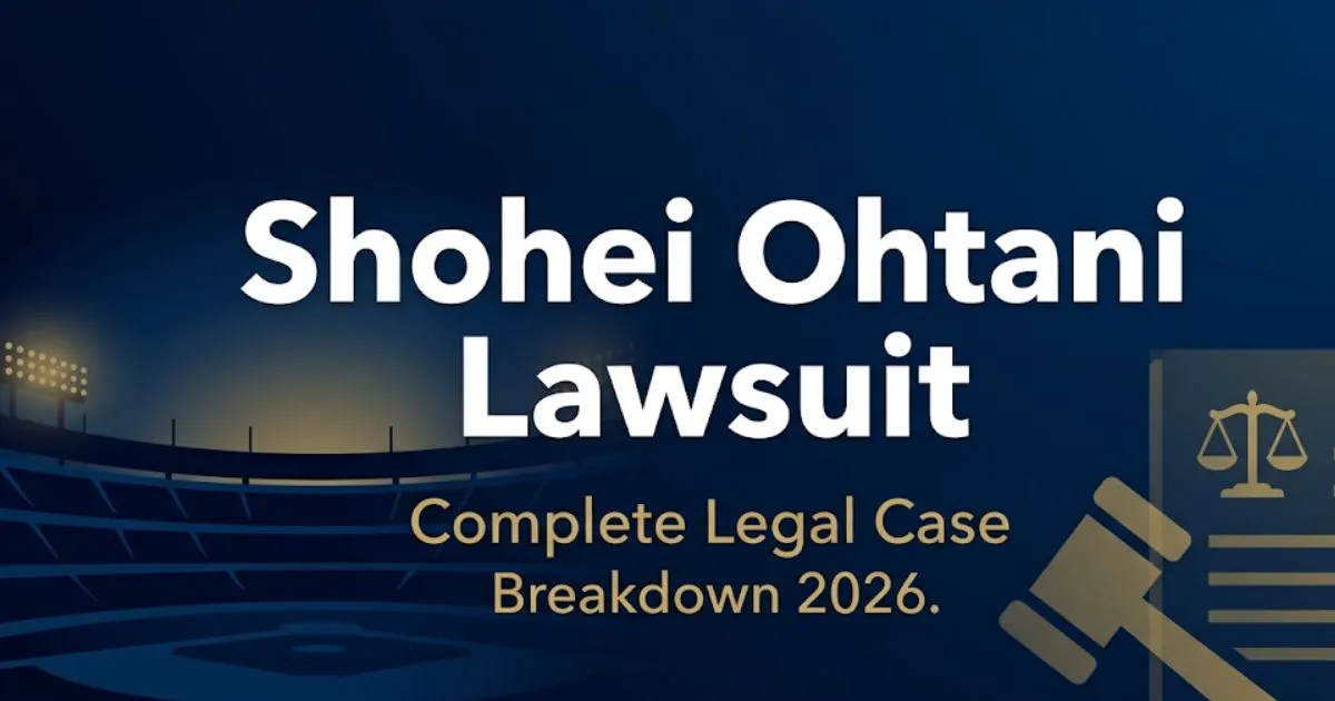 Shohei Ohtani lawsuit legal case breakdown 2026 banner with gavel and baseball stadium silhouette in navy and gold