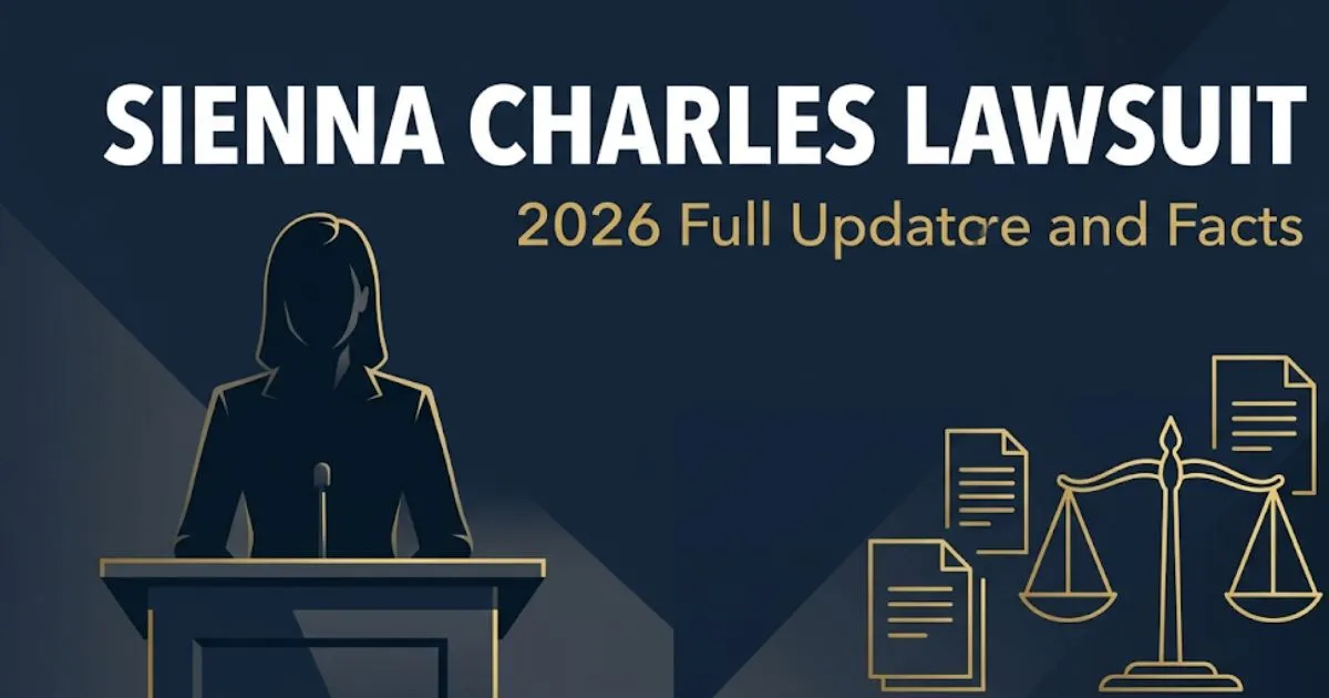 Sienna Charles lawsuit 2026 update blog banner with legal scales and courtroom silhouette on navy background
