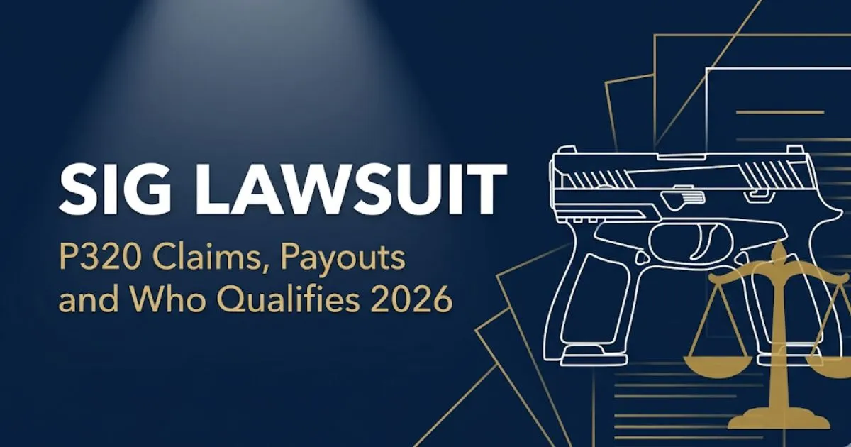 Sig lawsuit 2026 hero banner showing P320 pistol silhouette with legal scale icons on navy background