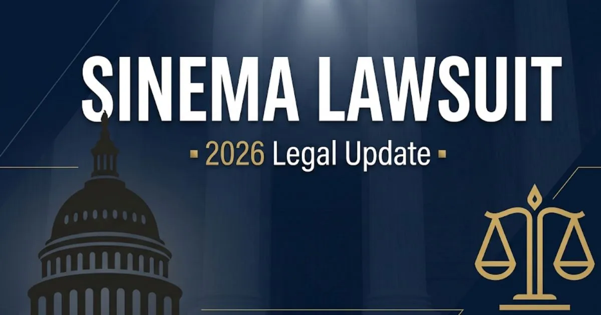 Sinema lawsuit 2026 legal update banner with courthouse silhouette and scales of justice on navy background