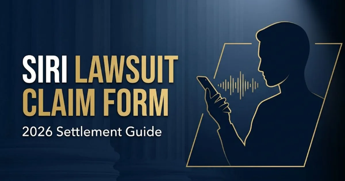 Siri lawsuit claim form 2026 editorial banner with navy background, gold accents, and voice wave silhouette graphic