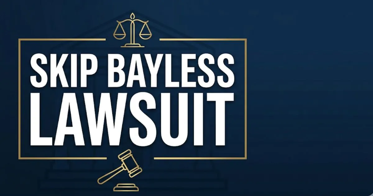 Skip Bayless Lawsuit blog banner showing legal scales and courthouse silhouette on deep navy background