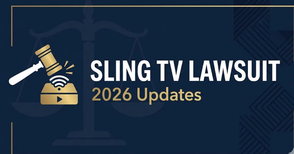 Sling TV lawsuit 2026 blog banner with gavel icon and legal theme in navy and gold