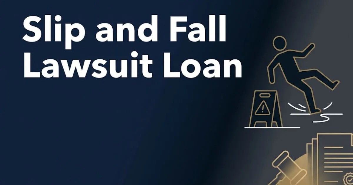 Slip and fall lawsuit loan 2026 guide hero banner with legal symbols and gold accents on navy background