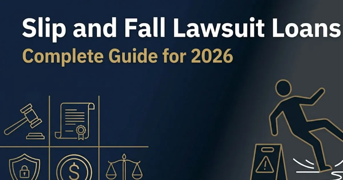 Slip and fall lawsuit loans 2026 guide banner with legal icons, gavel, and gold silhouette on navy background