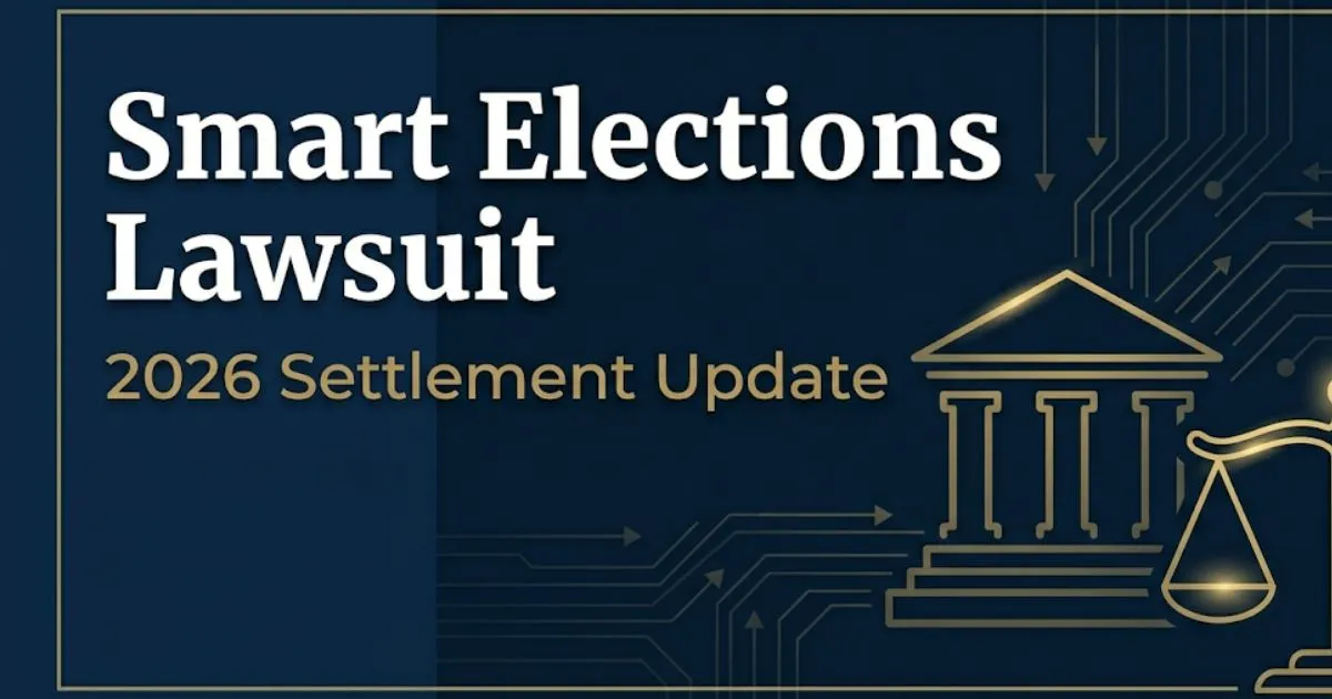Smart Elections lawsuit 2026 settlement guide banner with legal symbols on navy background