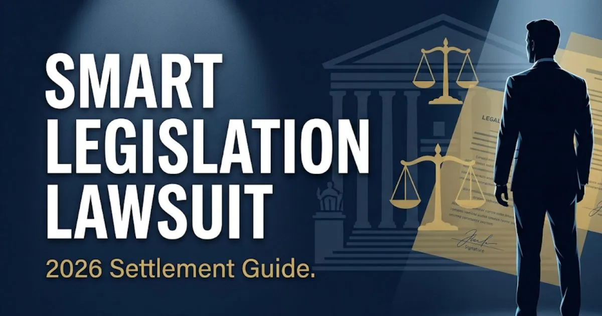 Smart legislation lawsuit 2026 banner with courthouse silhouette, scales of justice, and settlement guide headline text.