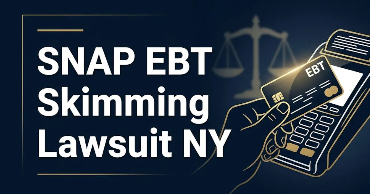 Snap EBT skimming lawsuit NY 2026 banner showing EBT card skimming illustration and legal claim details