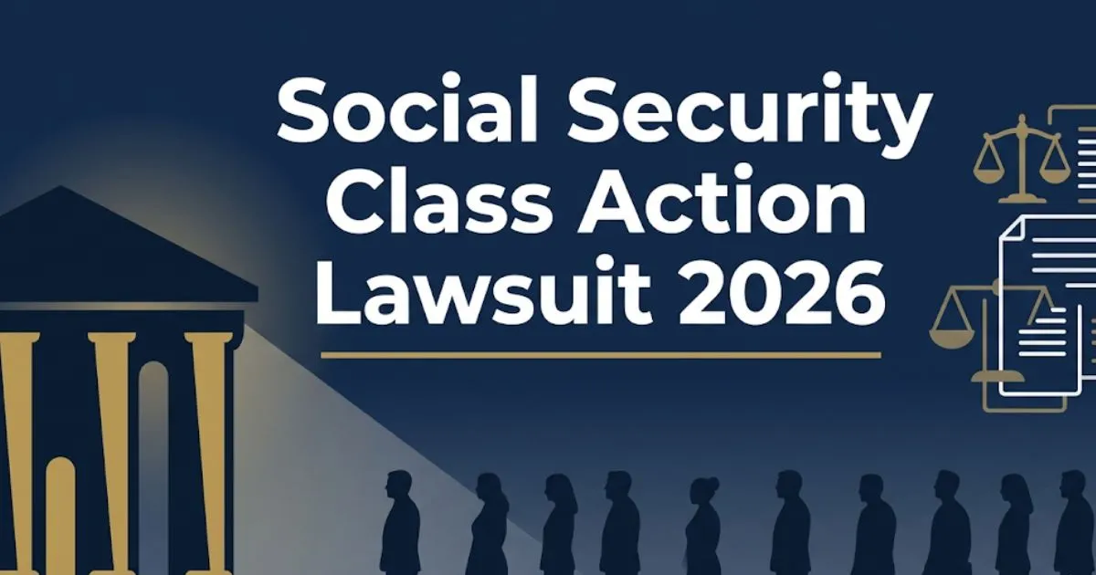 Social security class action lawsuit 2026 banner with courthouse silhouette and legal scales on navy background