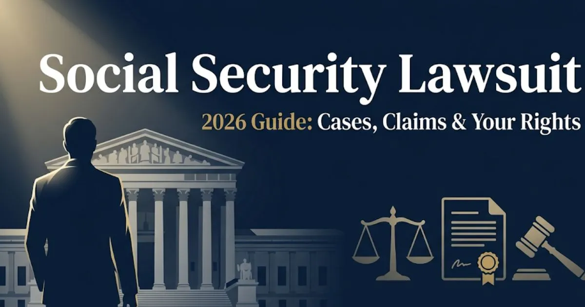 Social security lawsuit 2026 guide banner with courthouse silhouette, scales of justice, and bold headline text on navy background