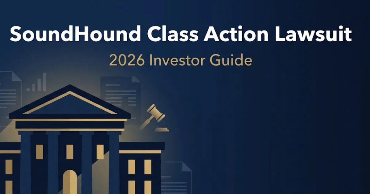 SoundHound class action lawsuit 2026 investor guide banner with courthouse silhouette and legal gold accents