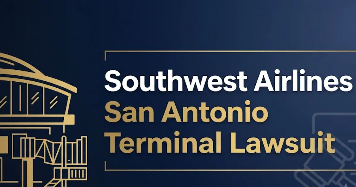 Southwest Airlines San Antonio Terminal Lawsuit 2026 banner with airport terminal silhouette and legal gavel icons on navy background