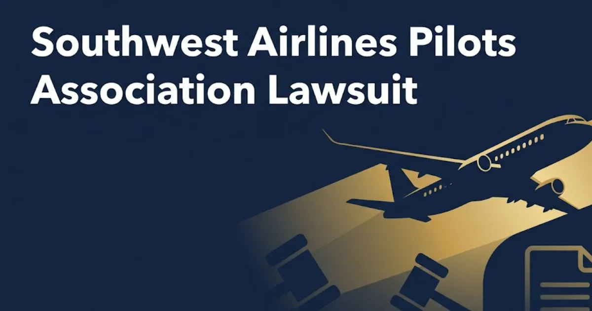 Southwest airlines pilots association lawsuit 2026 blog banner with aircraft silhouette, gavel icon, and navy gold legal theme
