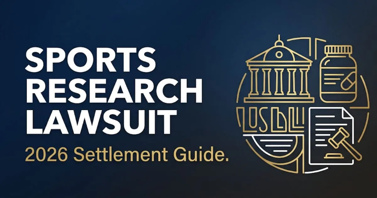 Sports Research Lawsuit 2026 settlement guide banner with legal icons and supplement bottle on navy background