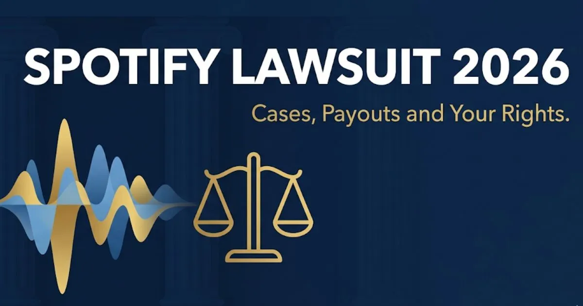 Spotify lawsuit 2026 editorial banner showing legal scales and sound wave icons with case and payout headline text