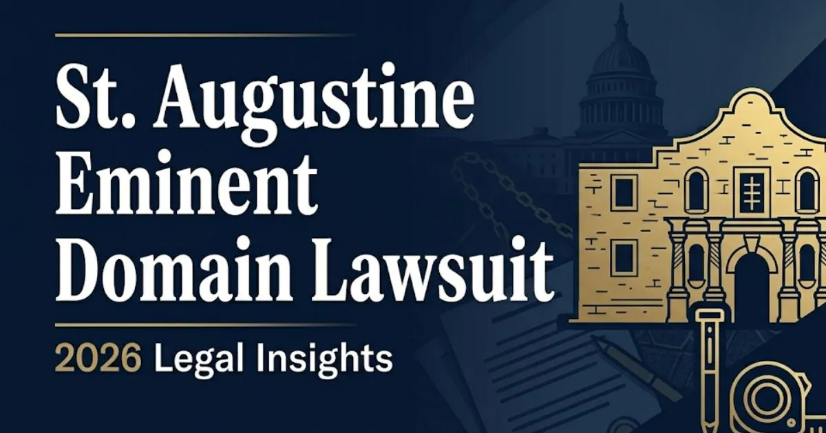 St. Augustine eminent domain lawsuit 2026 guide banner with Florida courthouse silhouette and legal document icons