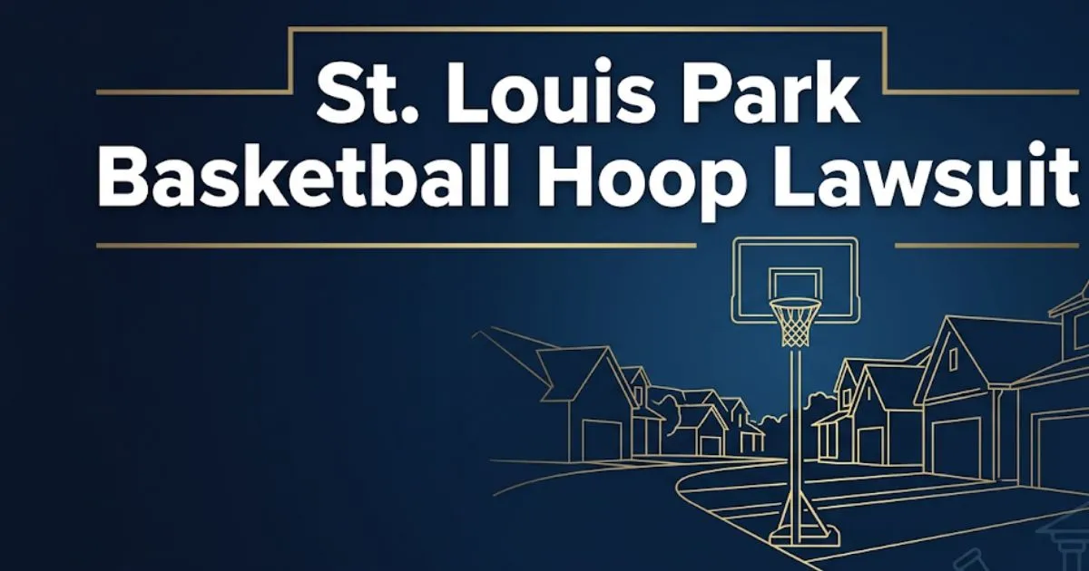 St. Louis Park basketball hoop lawsuit 2026 guide banner showing residential driveway and legal symbols