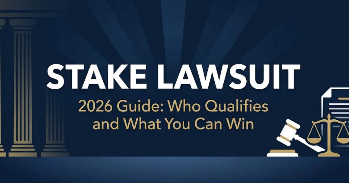 Stake lawsuit 2026 guide banner showing gavel, scales of justice, and courthouse icons on navy background