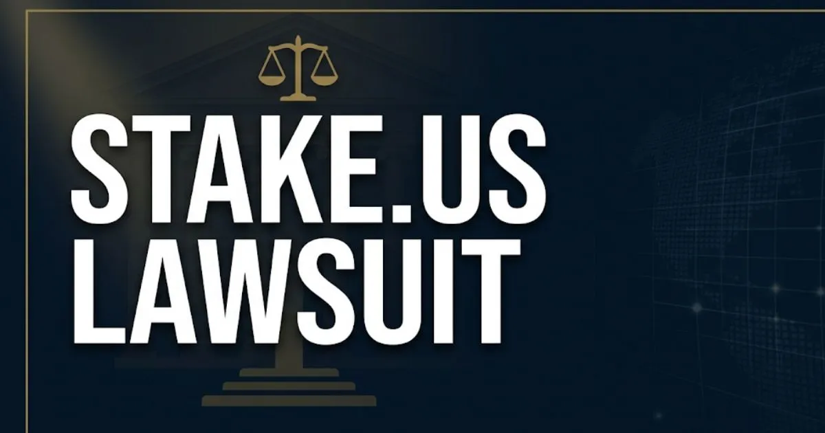 Stake.us lawsuit 2026 legal banner showing courthouse silhouette and bold headline text on navy background