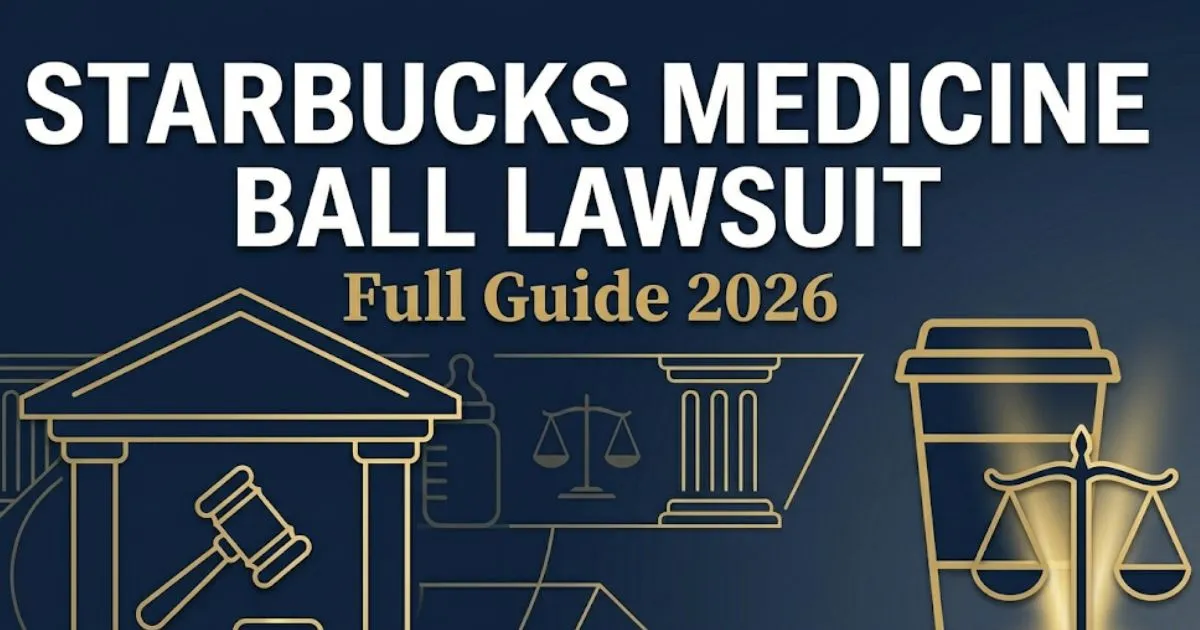 Starbucks Medicine Ball Lawsuit full guide 2026 blog banner with courthouse and legal scale icons on navy background