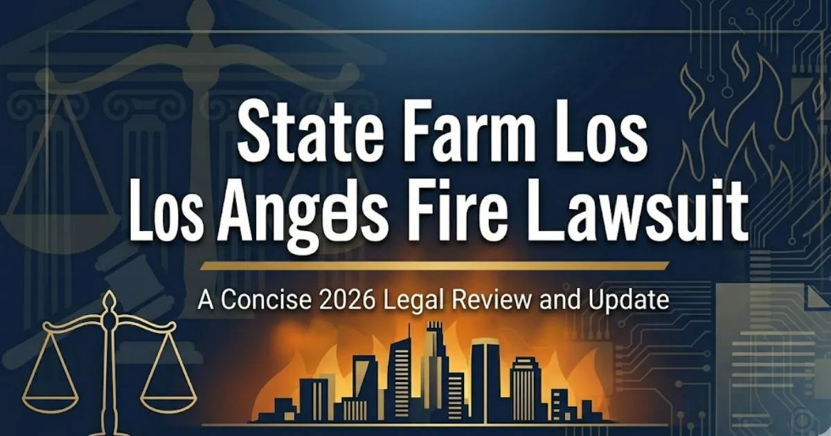 State Farm Los Angeles fire lawsuit 2026 legal blog banner with LA skyline and scales of justice