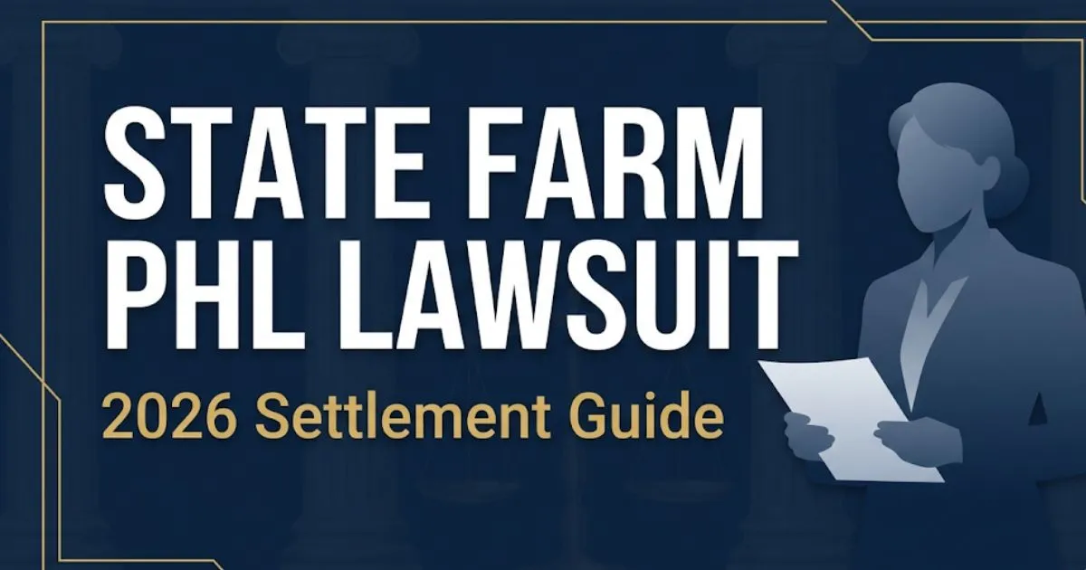 State Farm PHL lawsuit 2026 settlement guide banner with legal symbols and bold headline text on navy background