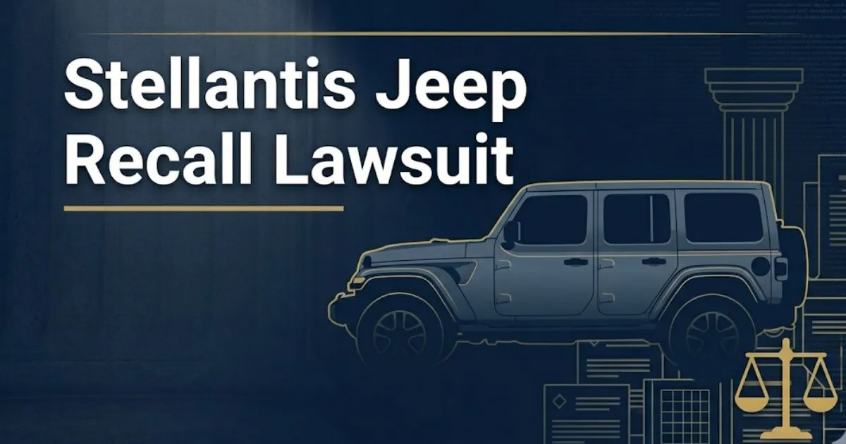 Stellantis Jeep Recall Lawsuit 2026 hero banner with navy background, gold accents, and Jeep silhouette