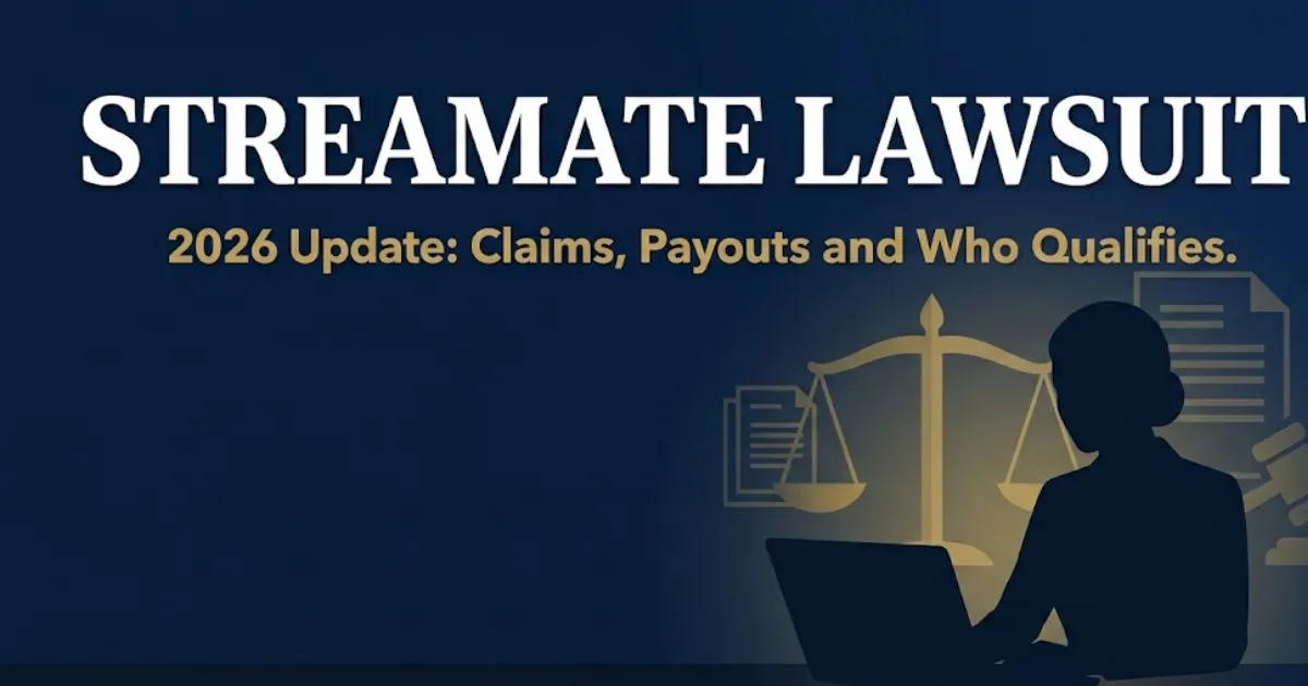 Streamate lawsuit 2026 banner showing legal scales and performer silhouette on navy background with bold headline text