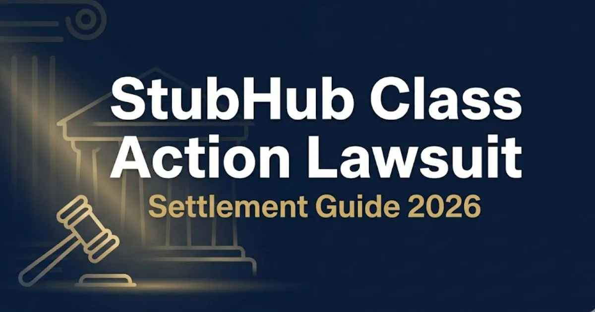 StubHub class action lawsuit settlement guide 2026 banner with courthouse silhouette and gavel on navy background