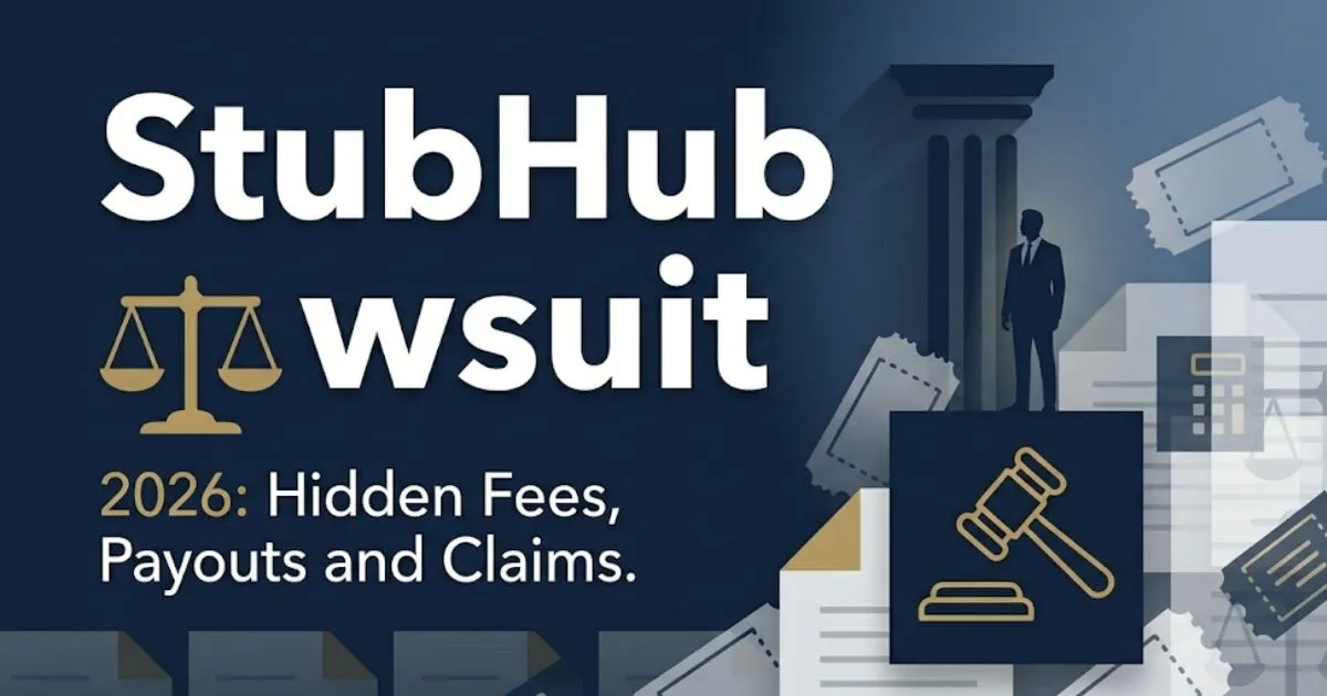 StubHub lawsuit 2026 banner showing hidden fees and settlement claims information with legal scales icon