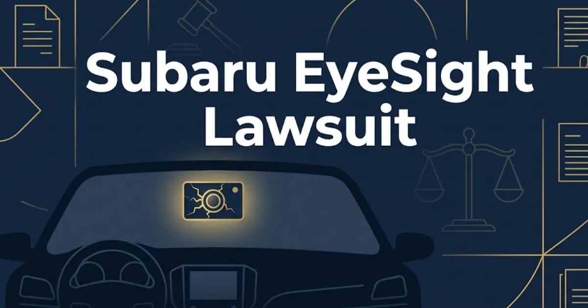 Subaru EyeSight lawsuit 2026 blog banner with legal symbols and car dashboard silhouette